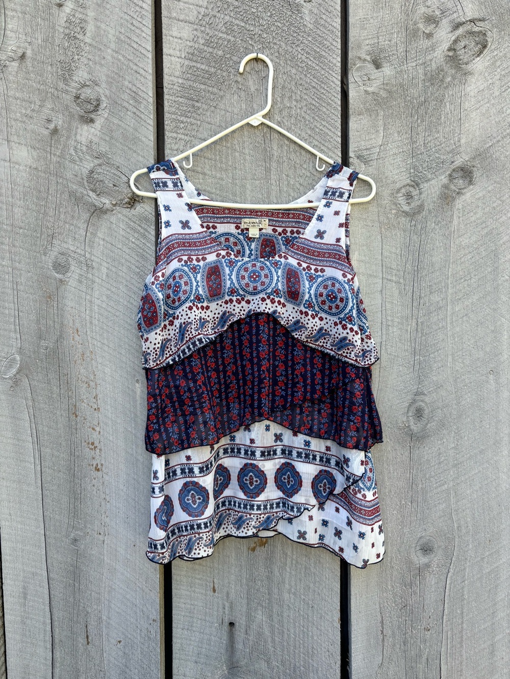 We Are The World Boho Sleeveless Tiered Print Tank Top - Navy, White & Red. M